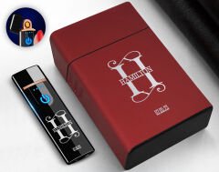 BK Gift Kişiye Özel Kırmızı Sigara Tabakası ve Elektronik Dokunmatik Alevsiz Şarjlı Çakmak Hediye Seti-6, Metal Sigara Tabakası, Elektronik Çakmak