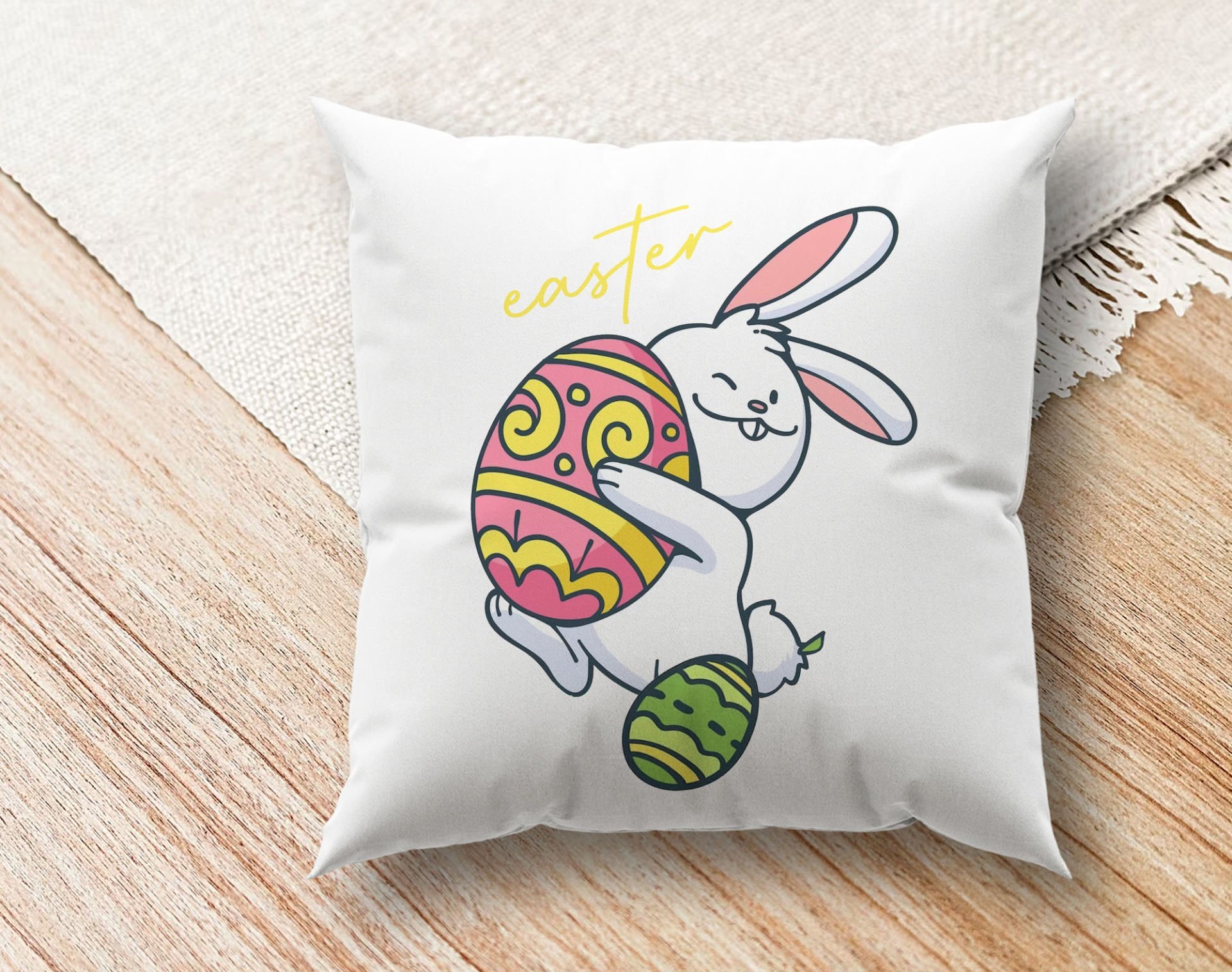 BK Gift Paskalya Tasarımlı Beyaz Kırlent Yastık, Ev Hediyesi, Ev Dekorasyonu, Dekoratif Hediye-6