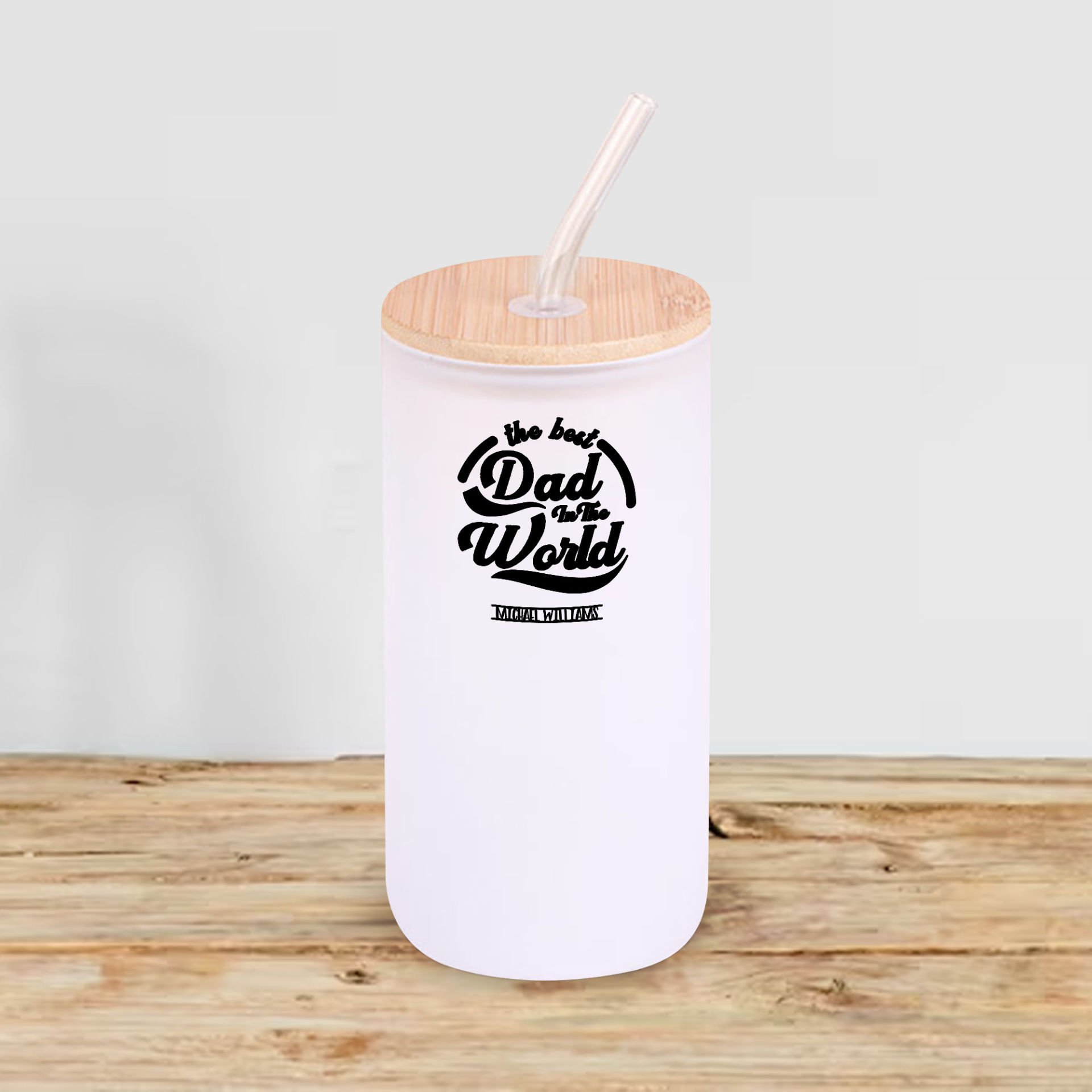 BK Gift İsimli Dad Tasarımlı Beyaz Renk Pipetli Buzlu Cam Bardak 600ml - 6, Babaya Hediye, Doğum Günü Hediyesi