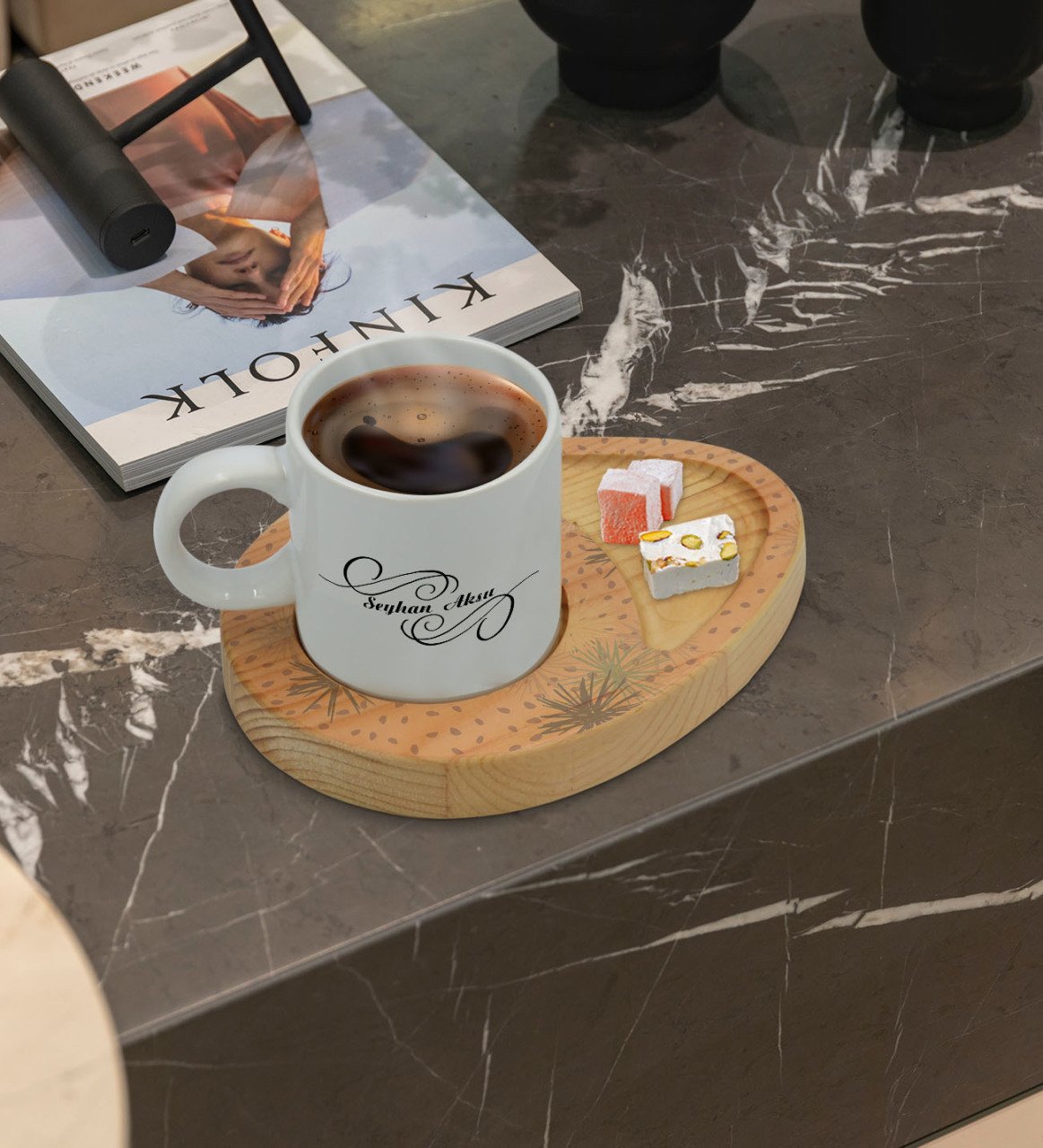 Kişiye Özel Modern Art Tasarımlı Doğal Ahşap Tabaklı Türk Kahvesi Fincanı Sunum Seti Model 6