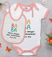 BK Kids Kişiye Özel Baba Tasarımlı Pembe Bebek Body Zıbın ve Mama Önlüğü Hediye Seti