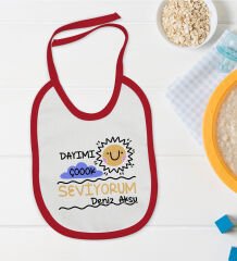 BK Kids Kişiye Özel Dayımı Çok Seviyorum Tasarımlı Kırmızı Bebek Mama Önlüğü-1