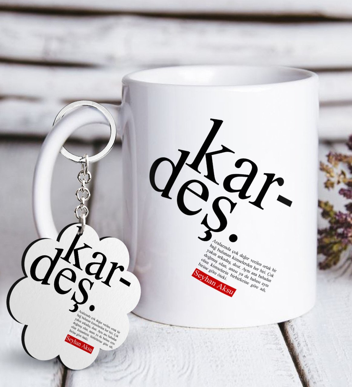 Kişiye Özel Kardeş Anlamı Beyaz Kupa ve Anahtarlık Hediye Seti