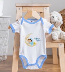 BK Kids Uykucu Oğlan Tasarımlı Mavi Bebek Body Zıbın ve Mama Önlüğü Hediye Seti-1