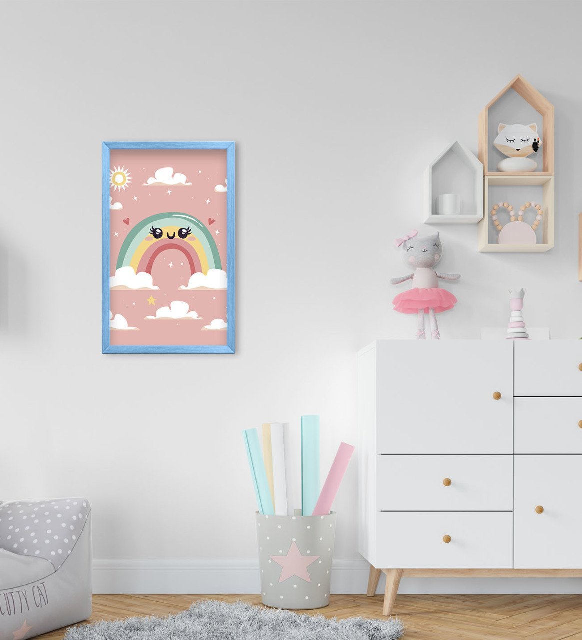 BK Home Gökkuşağı Tasarımlı Dekoratif Mavi Ahşap Çerçeveli Çocuk Odası Tablo-2