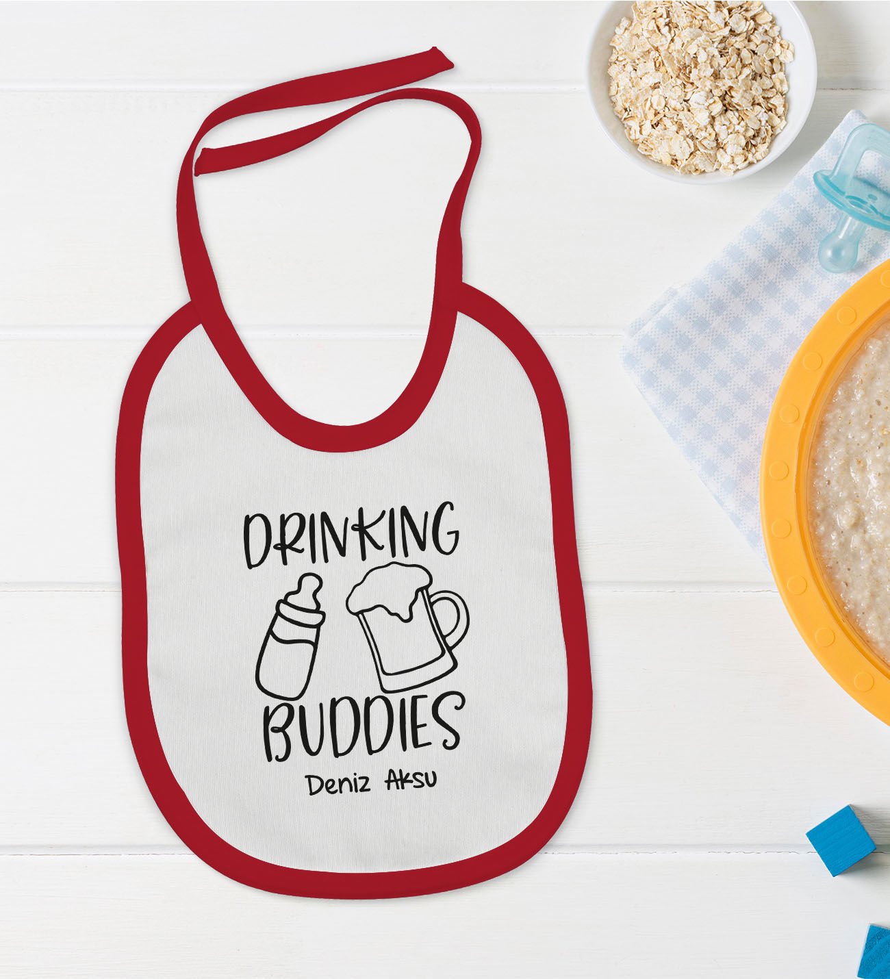 BK Kids Kişiye Özel Drinking Buddies Tasarımlı Kırmızı Bebek Mama Önlüğü-1