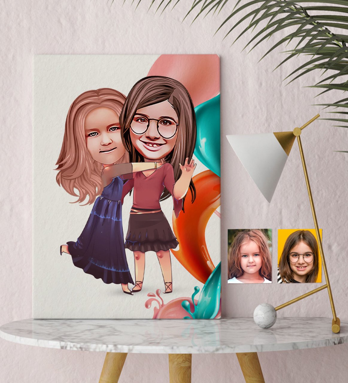 Kişiye Özel Kız Kardeşler Karikatürlü Kanvas Tablo 30x50cm-6