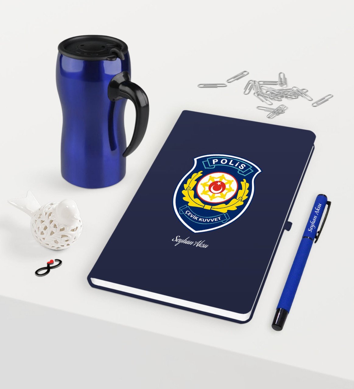 Kişiye Özel Polis Çevik Kuvvet Temalı Lacivert Defter Kalem Termos Mug Seti