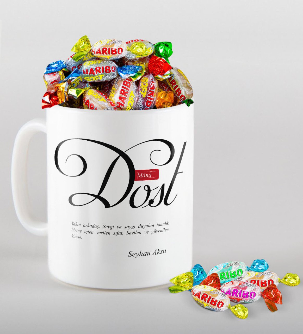 Kişiye Özel Mânâ Dost Kupa ve Haribo Şeker Hediye Seti