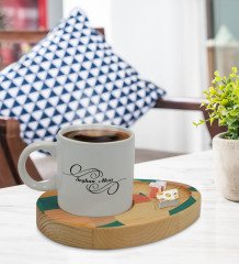 Kişiye Özel Modern Art Tasarımlı Doğal Ahşap Tabaklı Türk Kahvesi Fincanı Sunum Seti Model 9