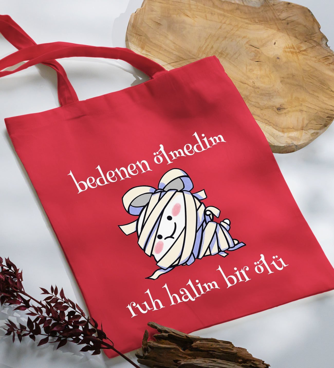 BK Gift Ruh Halim Bir Ölü Tasarımlı-1 Kırmızı Kumaş Bez Çanta, Baskılı Omuz Çantası, Alışveriş Çantası, Arkadaşa Hediye