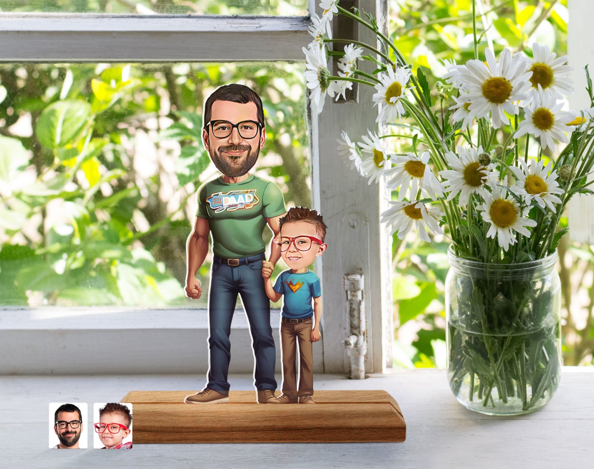 BK Gift Kişiye Özel Baba Oğul Karikatürlü Ahşap Standlı Pleksi Biblo-21, Aileye Hediye , Babaya Hediye
