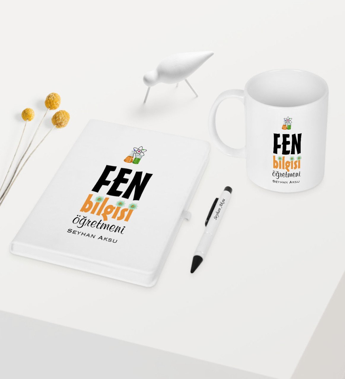 Kişiye Özel Fen Bilgisi Öğretmeni Temalı Beyaz Defter Kalem Kupa Seti - 1