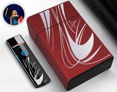 BK Gift Kişiye Özel Kırmızı Sigara Tabakası ve Elektronik Dokunmatik Alevsiz Şarjlı Çakmak Hediye Seti-10, Metal Sigara Tabakası, Elektronik Çakmak