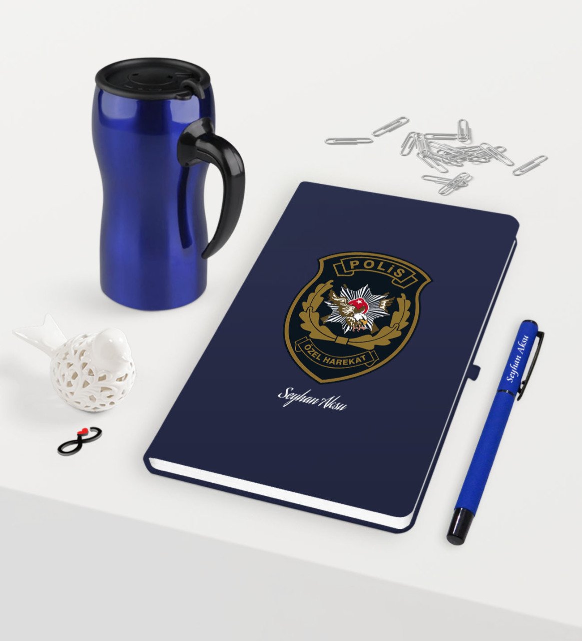 Kişiye Özel Polis Özel Harekat Temalı Lacivert Defter Kalem Termos Mug Seti
