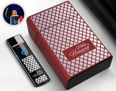 BK Gift Kişiye Özel Kırmızı Sigara Tabakası ve Elektronik Dokunmatik Alevsiz Şarjlı Çakmak Hediye Seti-11, Metal Sigara Tabakası, Elektronik Çakmak
