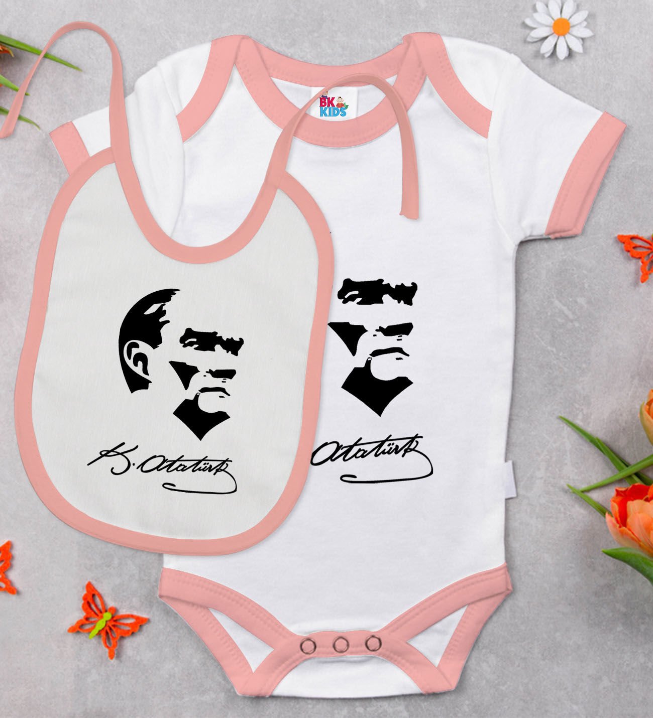 BK Kids Atatürk Temalı Pembe Bebek Body Zıbın ve Mama Önlüğü Hediye Seti-24
