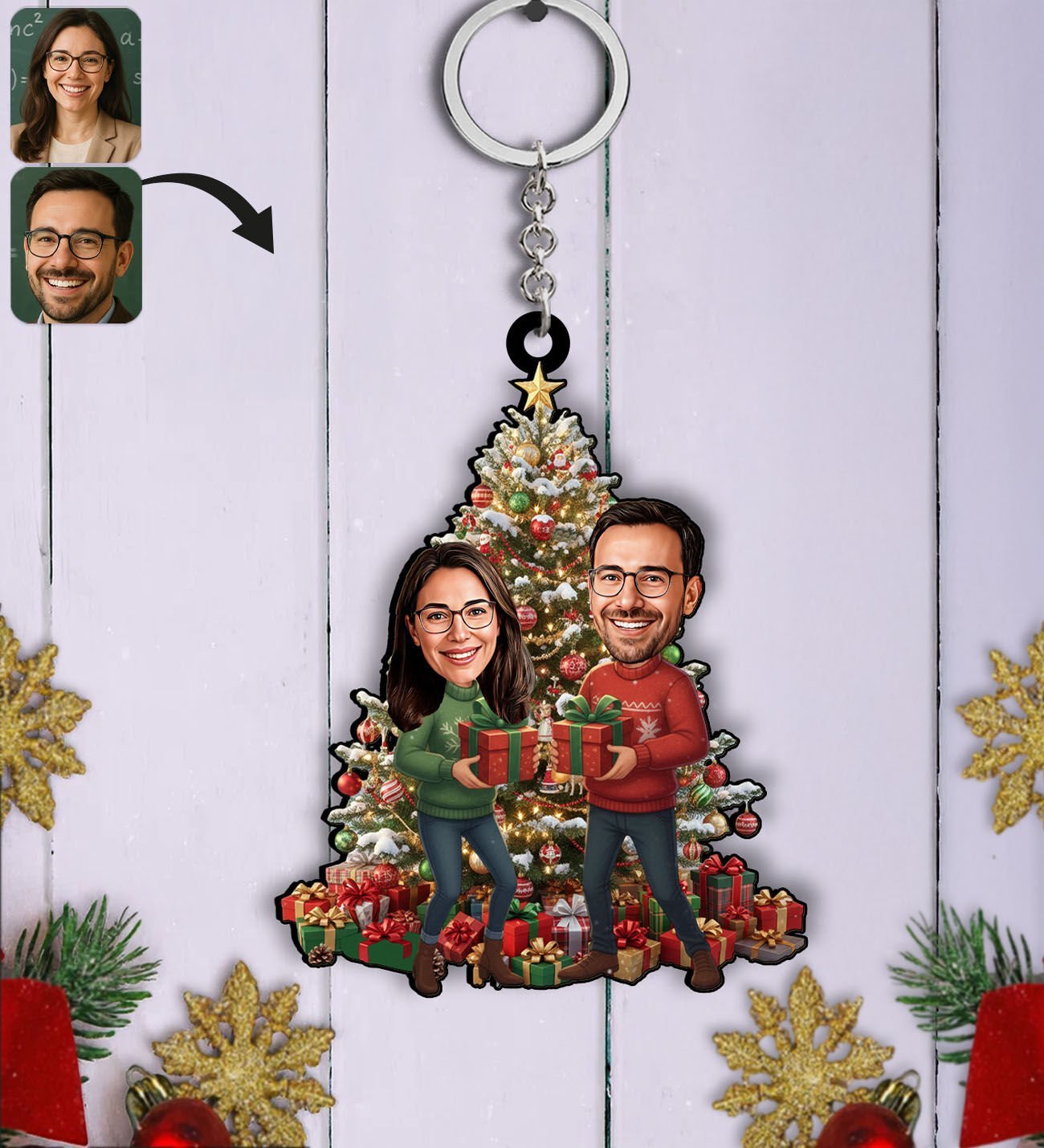 BK Gift Kişiye Özel Sevgili Yılbaşı Karikatürlü Ahşap Anahtarlık -8, Yeni Yıl Hediyesi, Yılbaşı Hediyesi