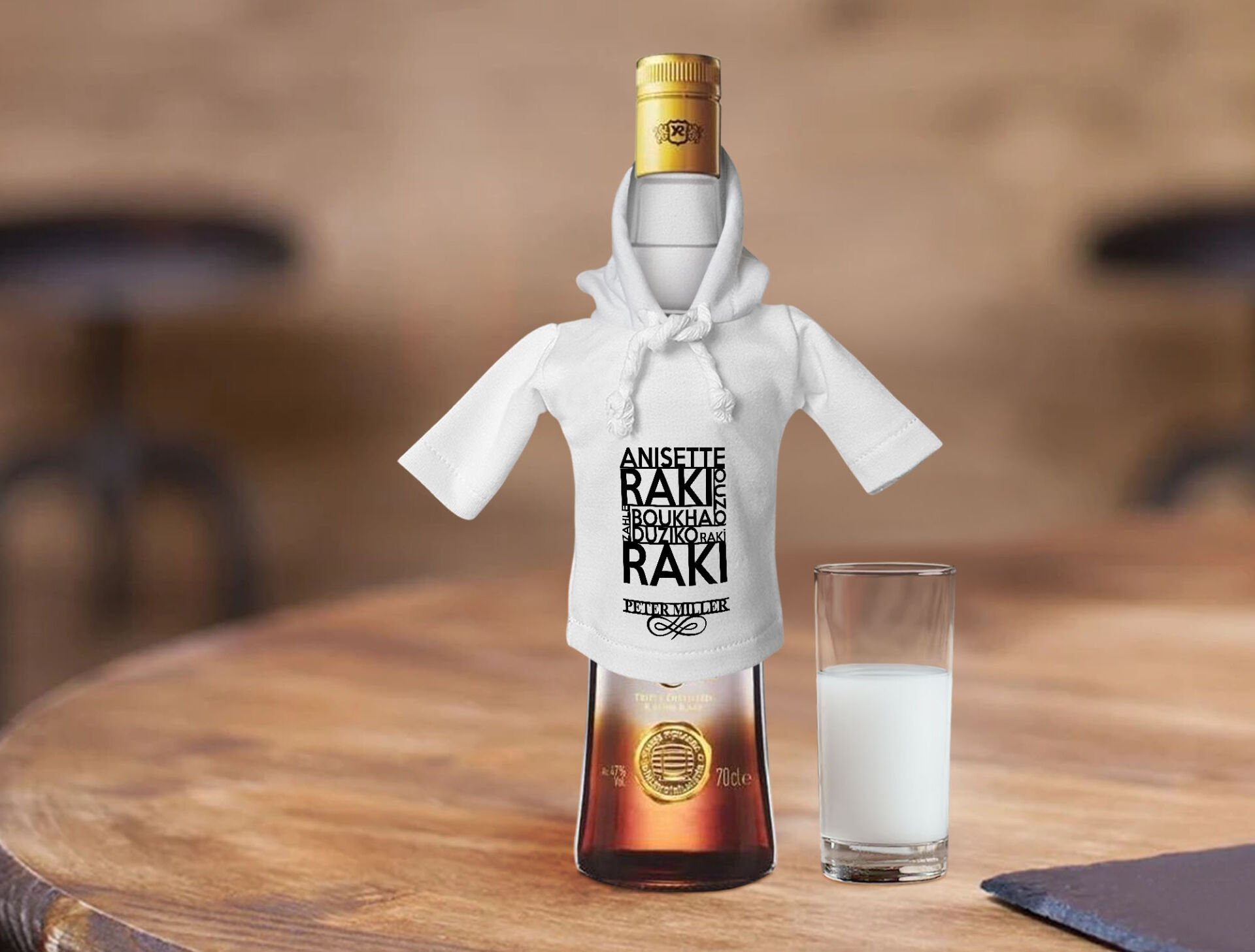 BK Gift Kişiye Özel Mini Beyaz İçki Şişesi Tişörtü , Ev Bar Dekoru, Rakı, Rakı Şişesi Tişörtü, Ev Barı-1