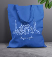 BK Gift Ayasofya Camii Tasarımlı-1 Mavi Kumaş Bez Çanta, Baskılı Omuz Çantası, Alışveriş Çantası, Arkadaşa Hediye