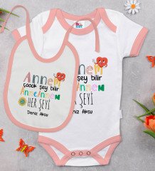 BK Kids Kişiye Özel Annem Çok Şey Bilir Tasarımlı Pembe Bebek Body Zıbın ve Mama Önlüğü Hediye Seti
