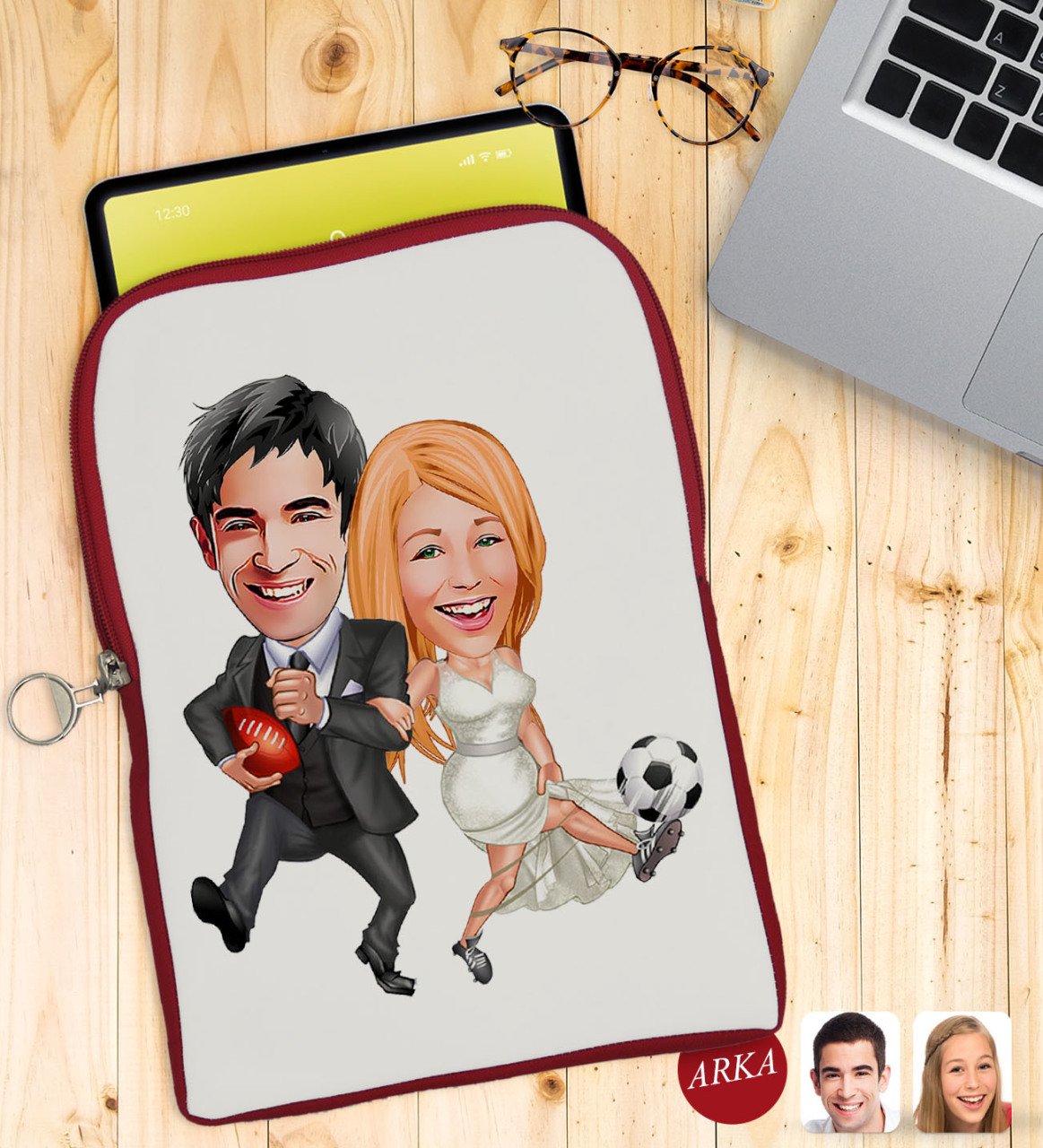 Kişiye Özel Sevgililer Karikatürlü Taşınabilir Koruyucu Tablet Kılıfı & Organizer Çanta - Kırmızı-15