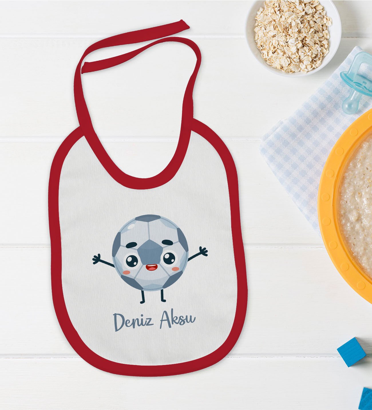 BK Kids Kişiye Özel Futbol Tasarımlı Kırmızı Bebek Mama Önlüğü-1