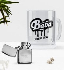 Kişiye Özel Kahraman Baba Cam Kupa Bardak Benzinli Çakmak Seti-1