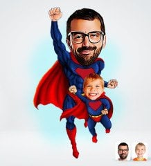 Kişiye Özel Süper Baba Çocuk Tasarımlı Dijital Karikatür-1
