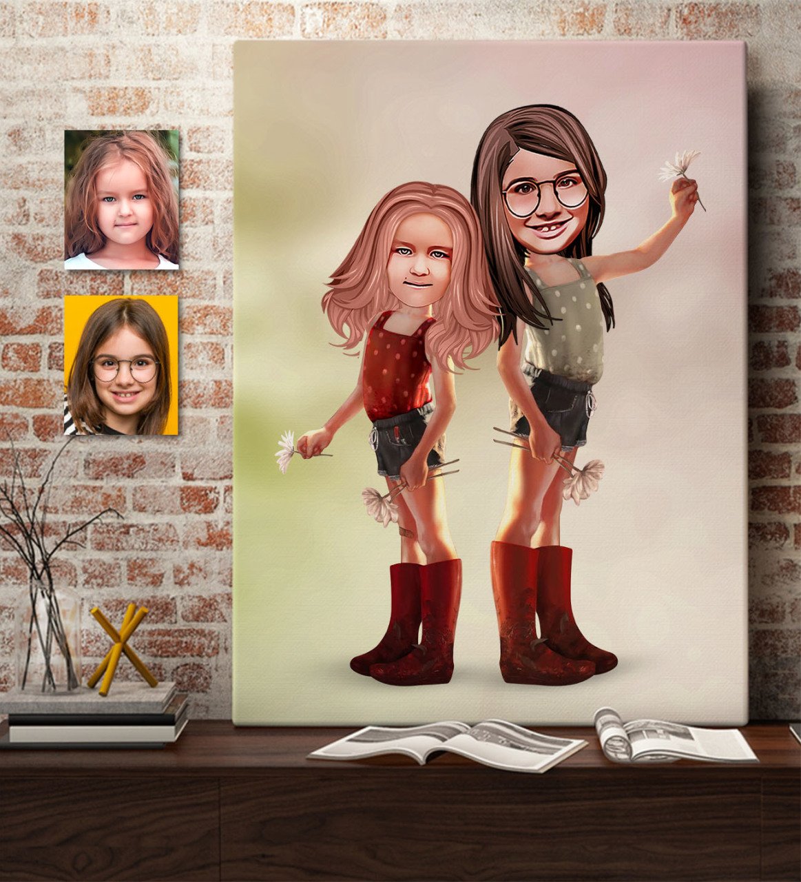 Kişiye Özel Kız Kardeşler Karikatürlü Kanvas Tablo 50x70cm-5