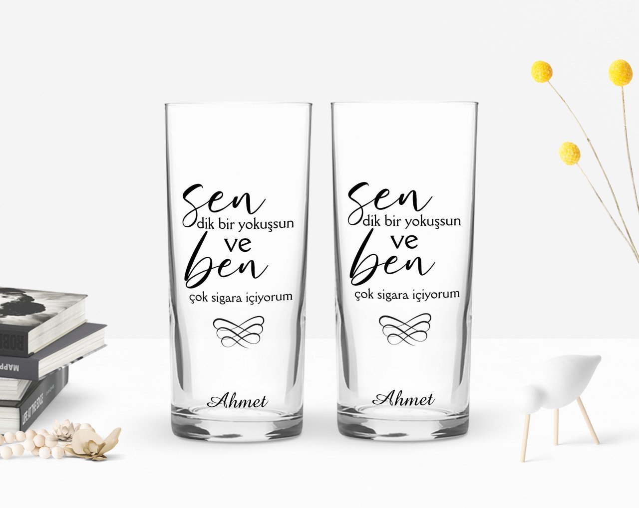 Kişiye Özel Renkli Baskılı Dik Bir Yokuşsun Tasarımlı İkili Rakı Bardağı Seti-1