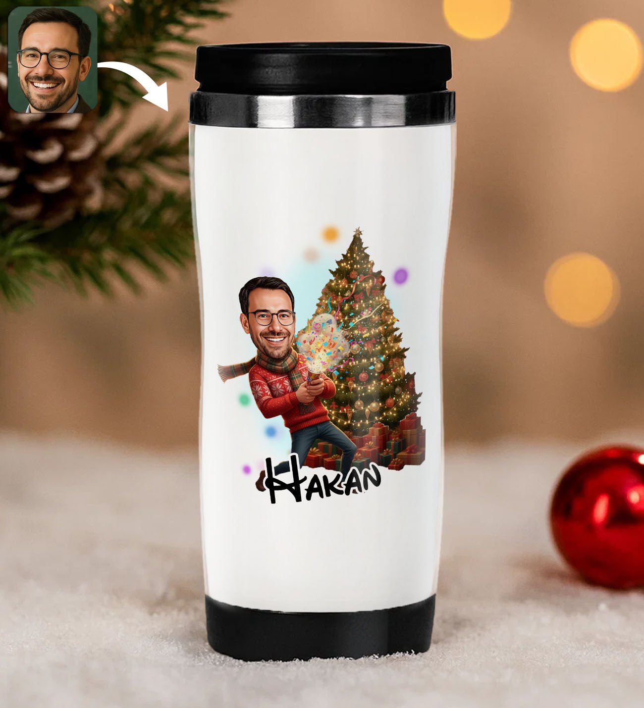 BK Gift Kişiye Özel Erkek Yılbaşı Karikatürlü Çelik Termos Bardak - 7, Yılbaşı Hediyesi, Yeni Yıl Hediyesi