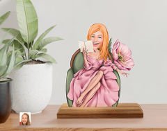 BK Gift Kişiye Özel Kadın Karikatürlü Ahşap Standlı Pleksi Biblo-103, Anneye Hediye, Arkadaşa Hediye