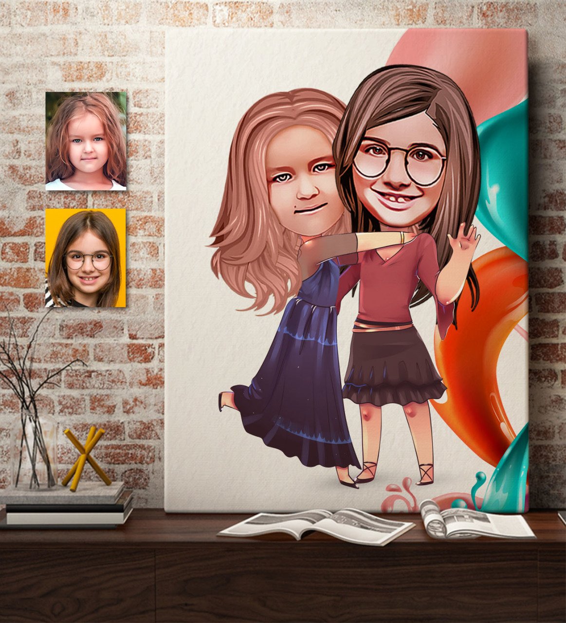Kişiye Özel Kız Kardeşler Karikatürlü Kanvas Tablo 50x70cm-6