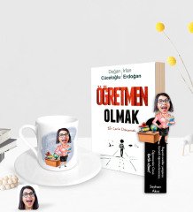 Kişiye Özel Kadın Öğretmen Karikatürlü Türk Kahvesi Fincanı Ahşap Kitap Ayracı ve Öğretmen Olmak Kitabı Hediye Seti-5