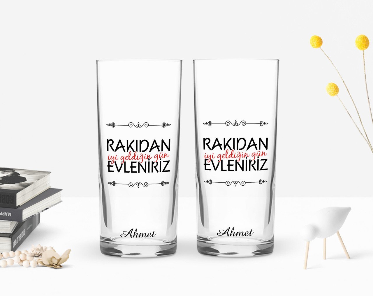Kişiye Özel Renkli Baskılı Rakıdan İyi Geldiğin Gün Tasarımlı İkili Rakı Bardağı Seti-1