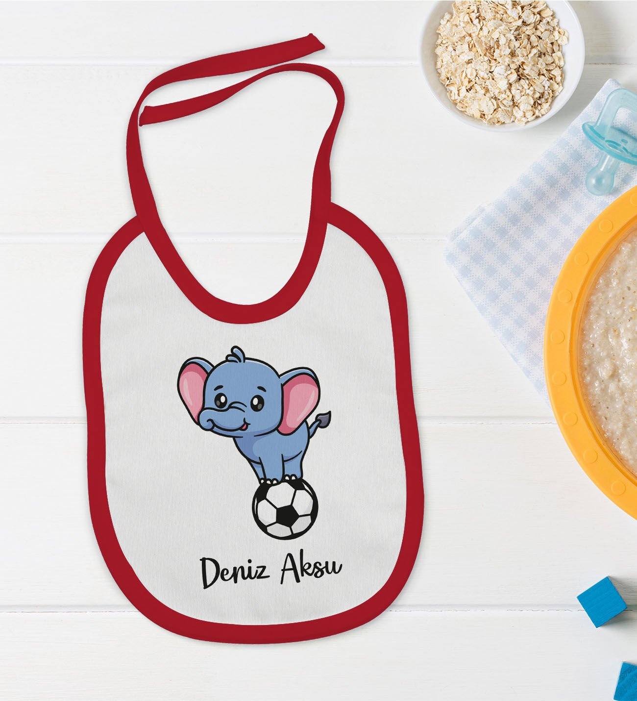 BK Kids Kişiye Özel Futbol Tasarımlı Kırmızı Bebek Mama Önlüğü-4