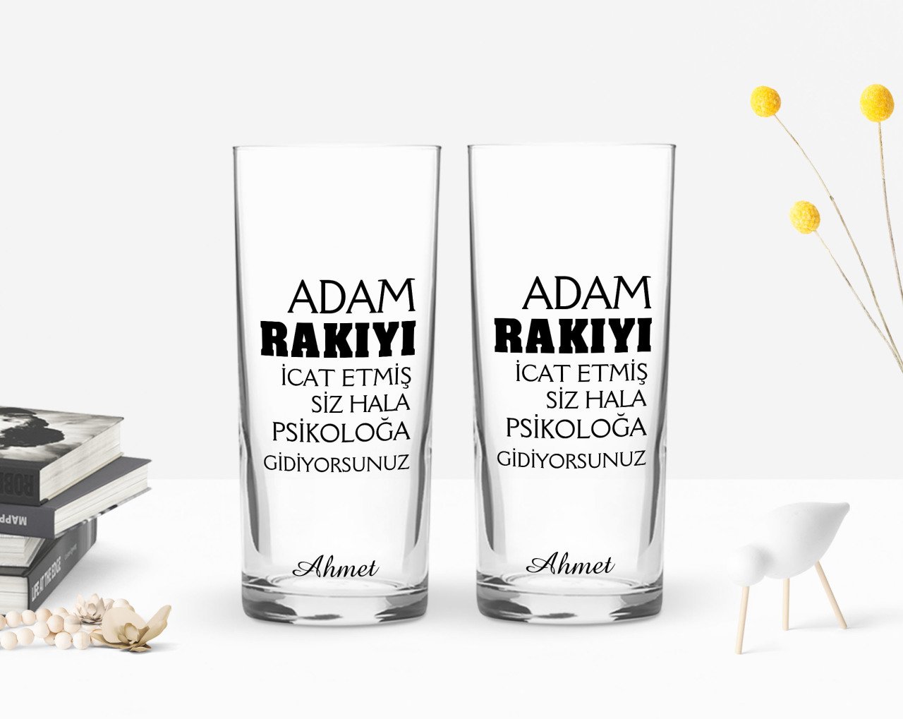 Kişiye Özel Renkli Baskılı Rakıyı İcat Etmiş Tasarımlı İkili Rakı Bardağı Seti-1