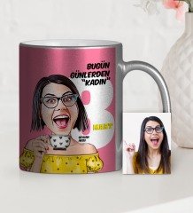 Kişiye Özel Kadınlar Günü Temalı Karikatür Gümüş Yaldızlı Kupa Bardak - 3