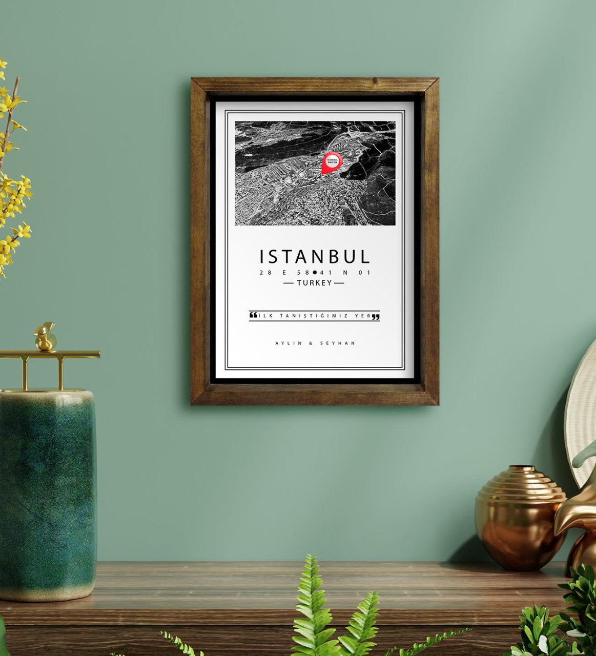 Kişiye Özel Siyah Beyaz İstanbul Haritası Tasarımlı Doğal Masif Ahşap Çerçeveli Tablo 30x40cm-1