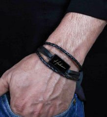 BK Gift Kişiye Özel İsimli Benzinli Çakmak ve Deri Örme Dikdörtgen Metal Erkek Bileklik Hediye Seti, Arkadaşa, Sevgiliye Hediye, Erkek Aksesuar Hediyeleri