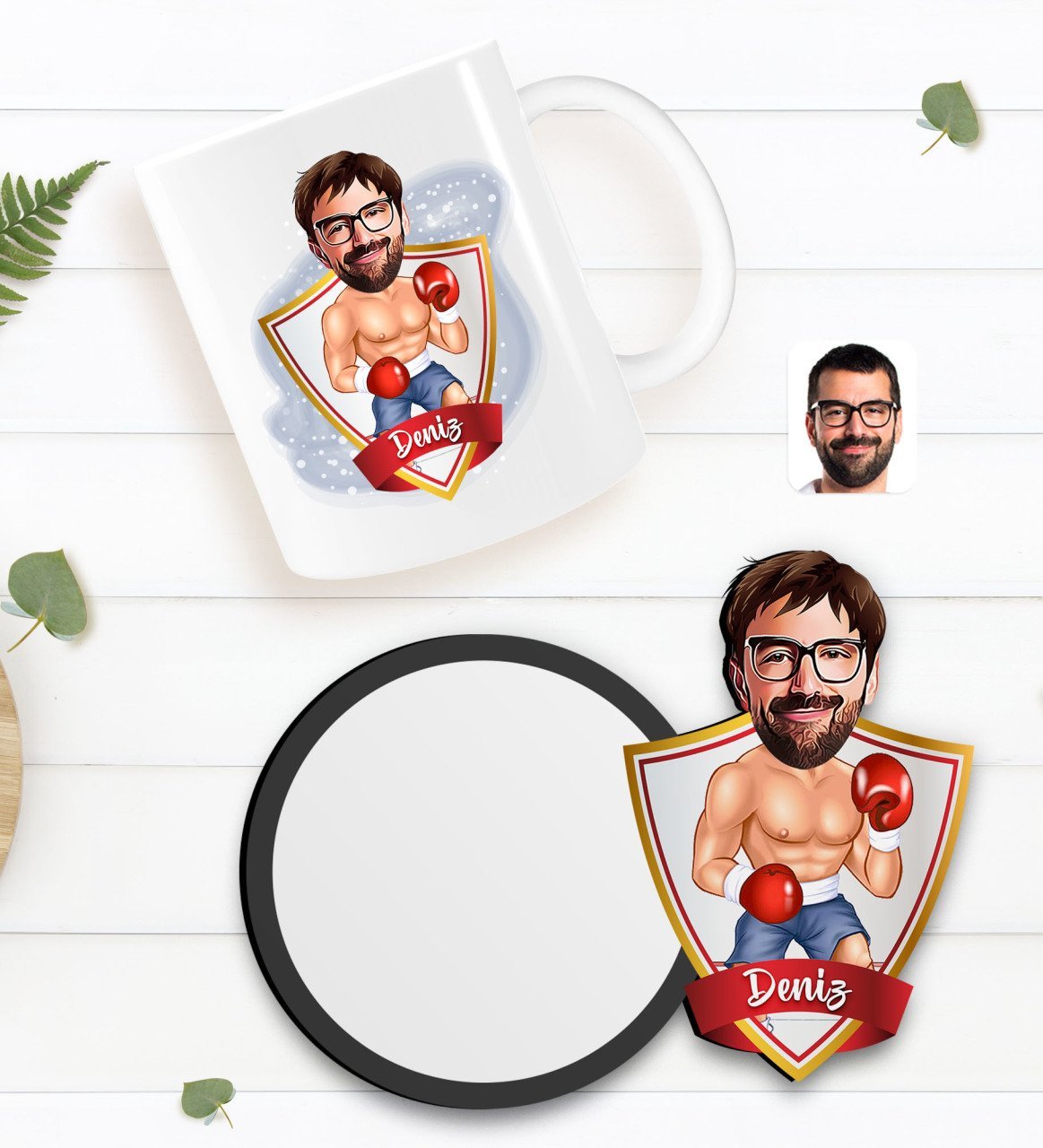 Kişiye Özel Erkek Boksör Karikatürlü Beyaz Kupa ve Ahşap Bardak Altlığı Hediye Seti-1