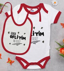 BK Kids Ofliyim Ne Oldi Tasarımlı Kırmızı Bebek Body Zıbın ve Mama Önlüğü Hediye Seti-1