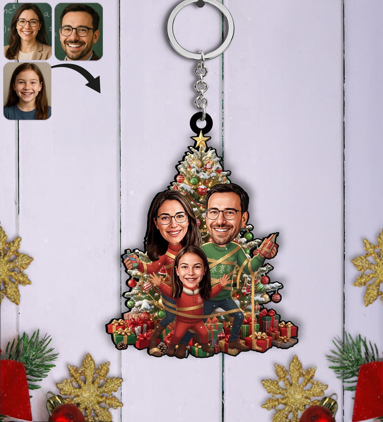 BK Gift Kişiye Özel Aile Yılbaşı Karikatürlü Ahşap Anahtarlık -1, Yeni Yıl Hediyesi, Yılbaşı Hediyesi