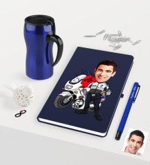 Kişiye Özel Bay Yunus Polis Karikatürlü Lacivert Defter Kalem Termos Mug Seti