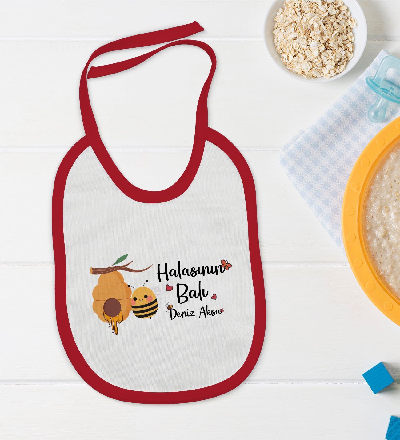 BK Kids Kişiye Özel Halasının Balı Tasarımlı Kırmızı Bebek Mama Önlüğü-1