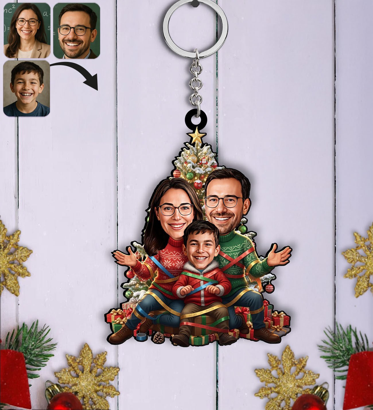 BK Gift Kişiye Özel Aile Yılbaşı Karikatürlü Ahşap Anahtarlık -2, Yeni Yıl Hediyesi, Yılbaşı Hediyesi