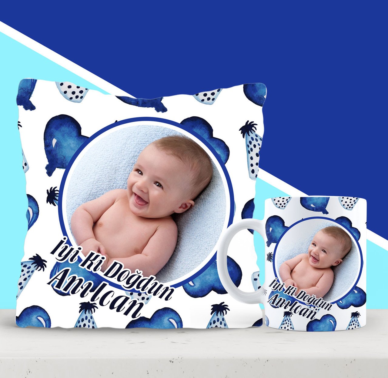 Kişiye Özel Fotoğraflı Erkek Bebek Doğum Günü Yastık Kupa Seti 1