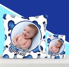 Kişiye Özel Fotoğraflı Erkek Bebek Doğum Günü Yastık Kupa Seti 1