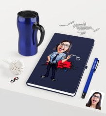 Kişiye Özel Bayan Polis Karikatürlü Lacivert Defter Kalem Termos Mug Seti